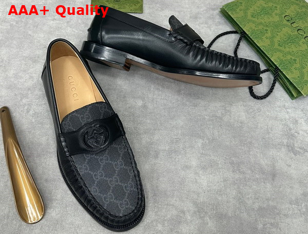 Gucci Mens Interlocking G Loafer in Black GG Supreme Canvas with Black Leather 738470 Replica