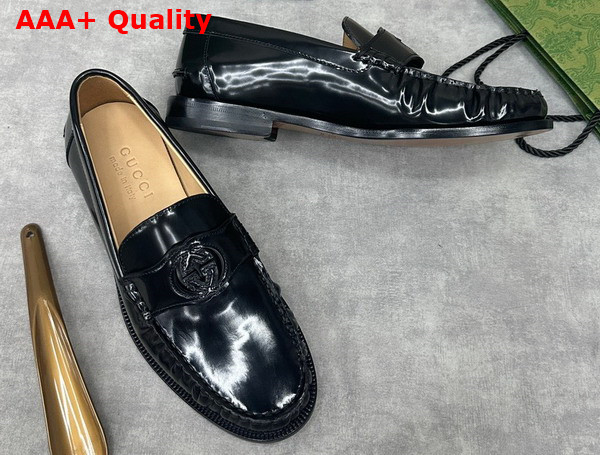 Gucci Mens Interlocking G Loafer in Black Shiny Leather 738470 Replica