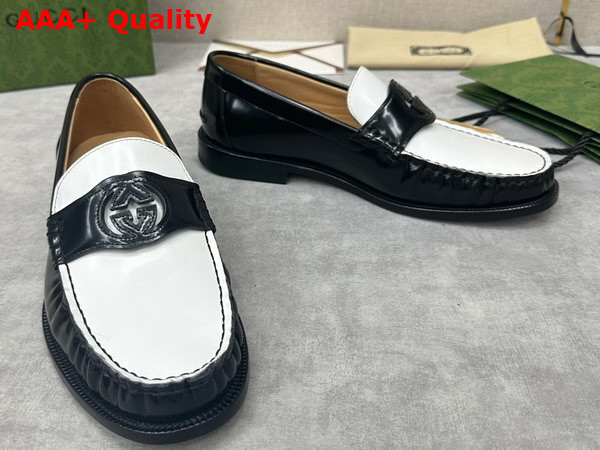 Gucci Mens Interlocking G Loafer in White and Black Leather 738470 Replica