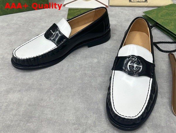 Gucci Mens Interlocking G Loafer in White and Black Leather 738470 Replica