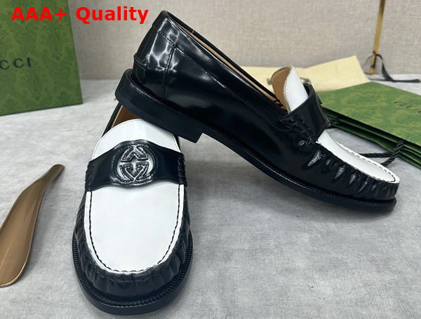 Gucci Mens Interlocking G Loafer in White and Black Leather 738470 Replica