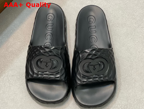 Gucci Mens Interlocking G Slide Sandal in Black Rubber 770801 Replica