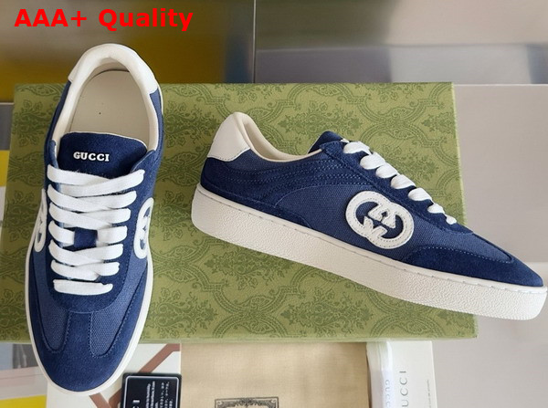 Gucci Mens Interlocking G Sneaker in Blue Suede and Canvas Insert 791742 Replica