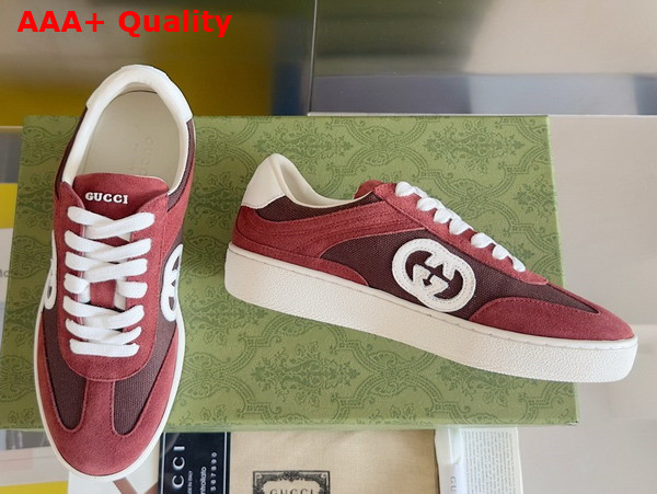 Gucci Mens Interlocking G Sneaker in Bordeaux Suede and Canvas Insert Detail 791742 Replica