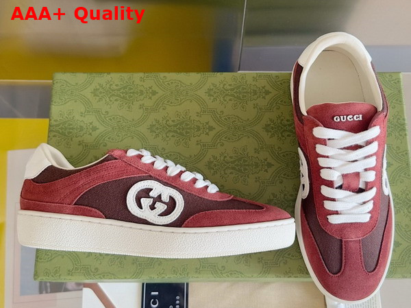 Gucci Mens Interlocking G Sneaker in Bordeaux Suede and Canvas Insert Detail 791742 Replica