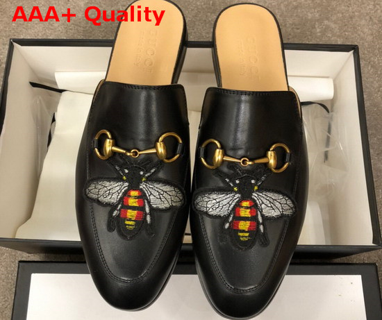 Gucci Mens Leather Horsebit Slipper in Black Leather with Embroidered Bee Applique Replica