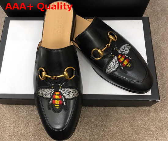 Gucci Mens Leather Horsebit Slipper in Black Leather with Embroidered Bee Applique Replica