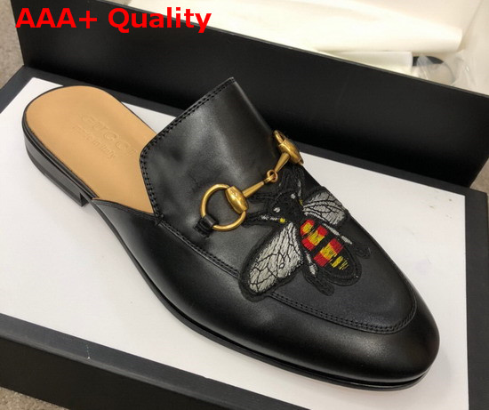 Gucci Mens Leather Horsebit Slipper in Black Leather with Embroidered Bee Applique Replica