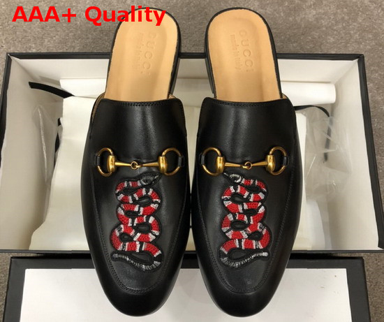 Gucci Mens Leather Horsebit Slipper in Black Leather with Embroidered Kingsnake Applique Replica