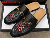 Gucci Mens Leather Horsebit Slipper in Black Leather with Embroidered Kingsnake Applique Replica