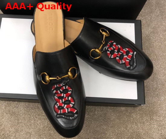 Gucci Mens Leather Horsebit Slipper in Black Leather with Embroidered Kingsnake Applique Replica