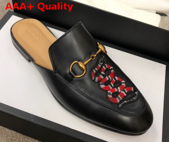 Gucci Mens Leather Horsebit Slipper in Black Leather with Embroidered Kingsnake Applique Replica