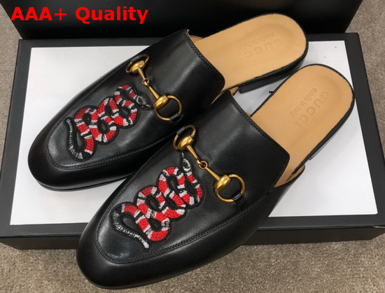 Gucci Mens Leather Horsebit Slipper in Black Leather with Embroidered Kingsnake Applique Replica