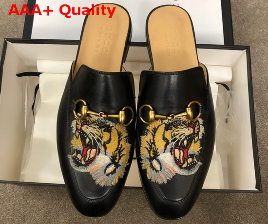 Gucci Mens Leather Horsebit Slipper in Black Leather with Embroidered Tiger Applique Replica