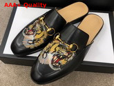 Gucci Mens Leather Horsebit Slipper in Black Leather with Embroidered Tiger Applique Replica