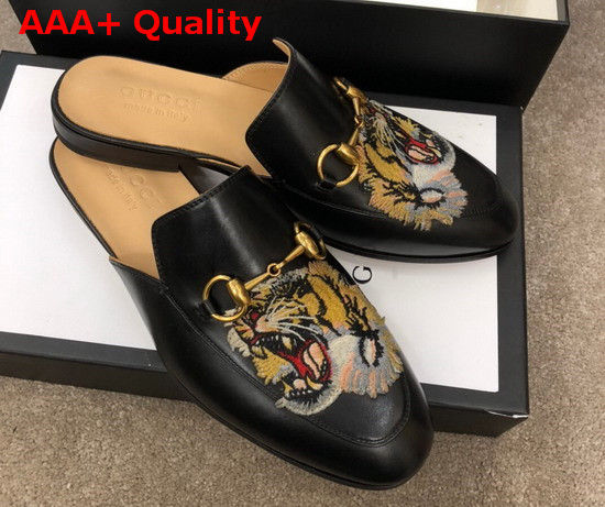 Gucci Mens Leather Horsebit Slipper in Black Leather with Embroidered Tiger Applique Replica