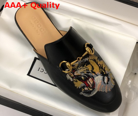 Gucci Mens Leather Horsebit Slipper in Black Leather with Embroidered Tiger Applique Replica