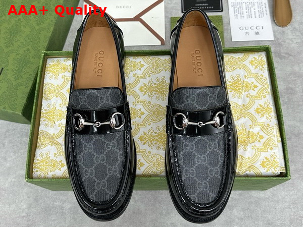 Gucci Mens Loafer with Horsebit Black Leather and Grey GG Supreme Canvas 786426 Replica