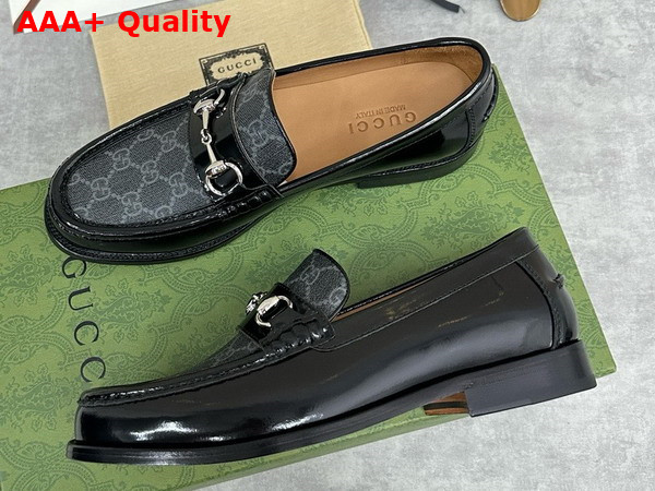 Gucci Mens Loafer with Horsebit Black Leather and Grey GG Supreme Canvas 786426 Replica