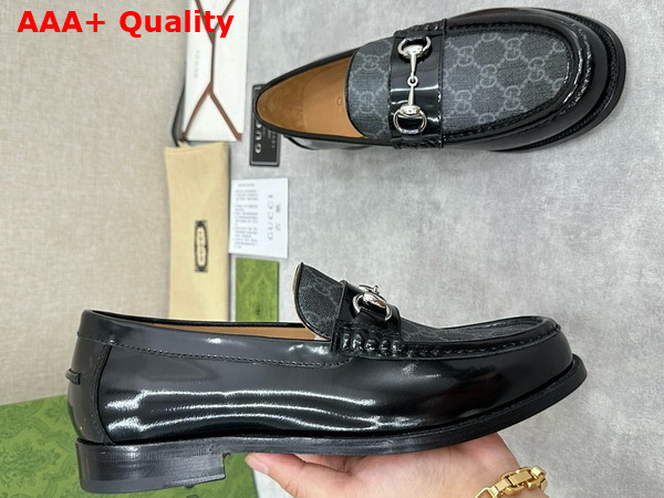 Gucci Mens Loafer with Horsebit Black Leather and Grey GG Supreme Canvas 786426 Replica