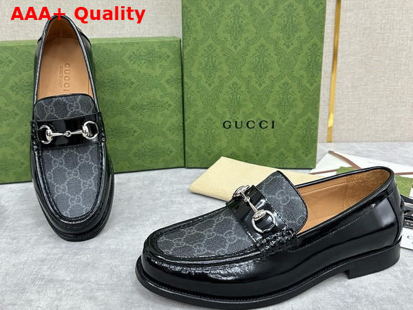 Gucci Mens Loafer with Horsebit Black Leather and Grey GG Supreme Canvas 786426 Replica