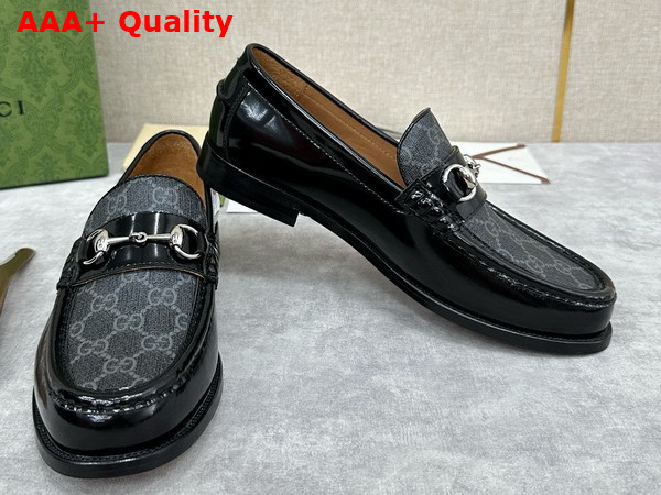 Gucci Mens Loafer with Horsebit Black Leather and Grey GG Supreme Canvas 786426 Replica