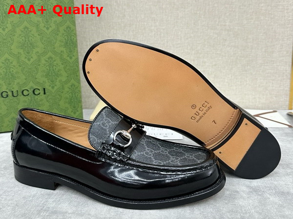 Gucci Mens Loafer with Horsebit Black Leather and Grey GG Supreme Canvas 786426 Replica