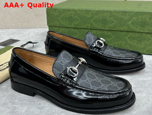 Gucci Mens Loafer with Horsebit Black Leather and Grey GG Supreme Canvas 786426 Replica