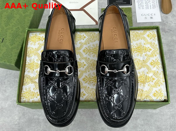 Gucci Mens Loafer with Horsebit Black Leather with Debossed GG Leather Detail 786426 Replica