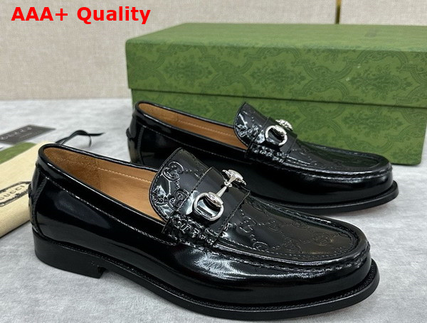 Gucci Mens Loafer with Horsebit Black Leather with Debossed GG Leather Detail 786426 Replica