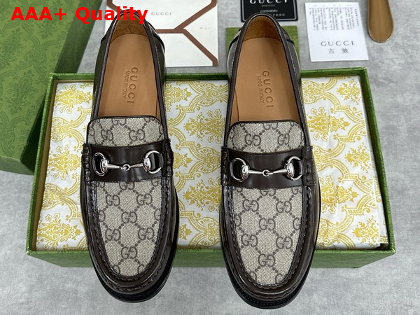 Gucci Mens Loafer with Horsebit Brown Leather and GG Supreme Canvas 786426 Replica