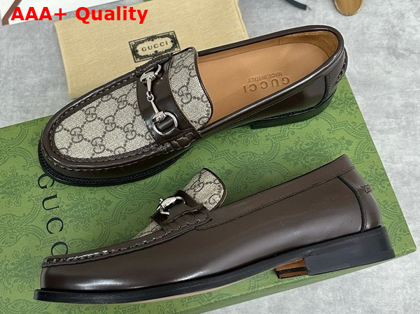 Gucci Mens Loafer with Horsebit Brown Leather and GG Supreme Canvas 786426 Replica