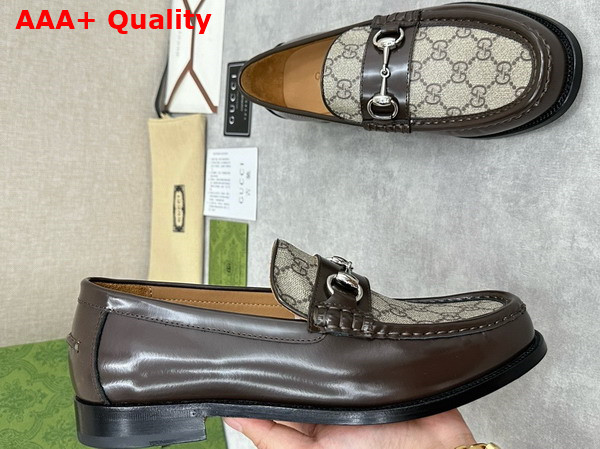 Gucci Mens Loafer with Horsebit Brown Leather and GG Supreme Canvas 786426 Replica