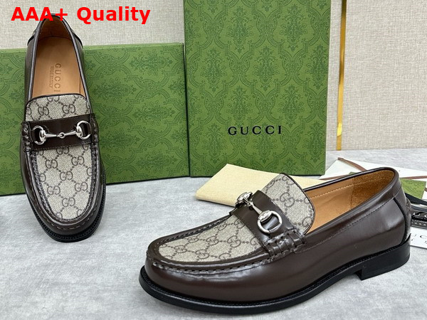 Gucci Mens Loafer with Horsebit Brown Leather and GG Supreme Canvas 786426 Replica