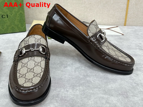 Gucci Mens Loafer with Horsebit Brown Leather and GG Supreme Canvas 786426 Replica