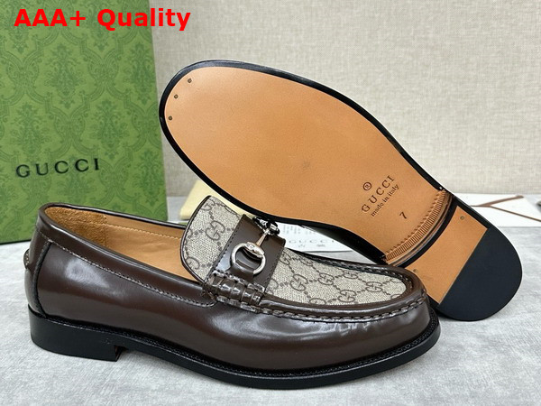 Gucci Mens Loafer with Horsebit Brown Leather and GG Supreme Canvas 786426 Replica