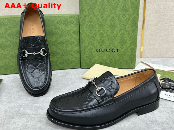 Gucci Mens Loafer with Horsebit Matte Black Leather with Debossed GG Leather Detail 786426 Replica