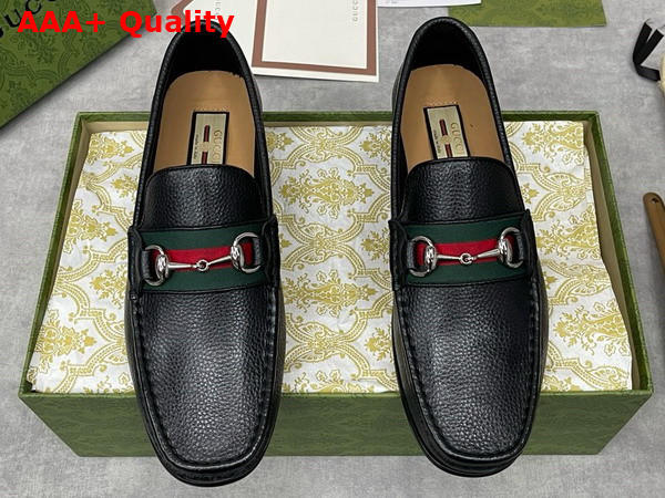 Gucci Mens Loafer with Web in Black Grain Leather Replica