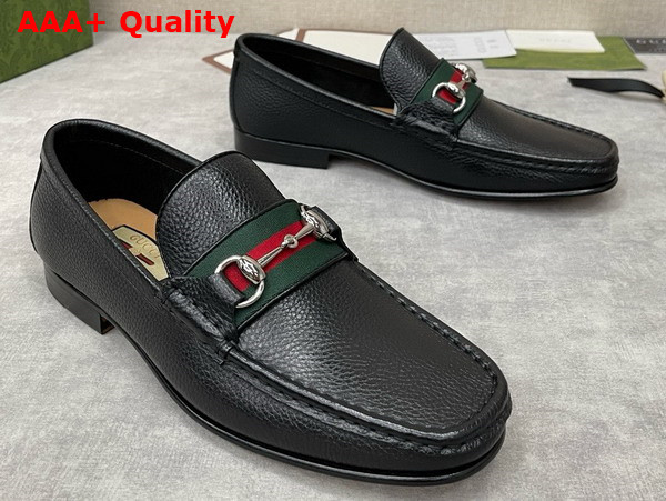 Gucci Mens Loafer with Web in Black Grain Leather Replica