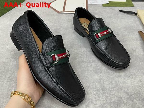 Gucci Mens Loafer with Web in Black Grain Leather Replica