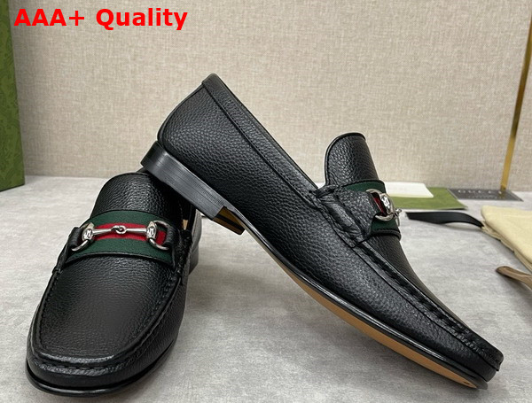 Gucci Mens Loafer with Web in Black Grain Leather Replica