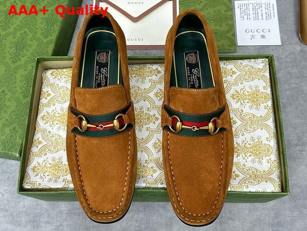 Gucci Mens Loafer with Web in Brown Suede Leather Replica