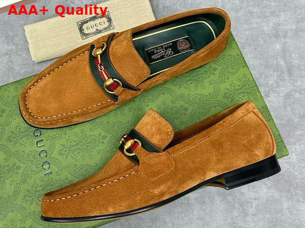 Gucci Mens Loafer with Web in Brown Suede Leather Replica