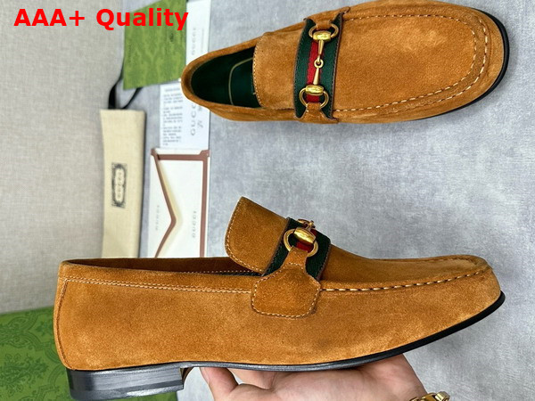 Gucci Mens Loafer with Web in Brown Suede Leather Replica