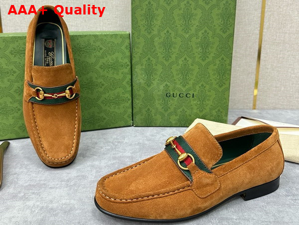 Gucci Mens Loafer with Web in Brown Suede Leather Replica