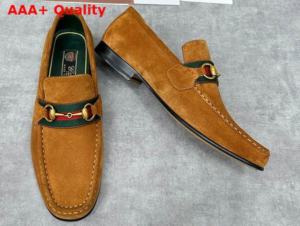 Gucci Mens Loafer with Web in Brown Suede Leather Replica