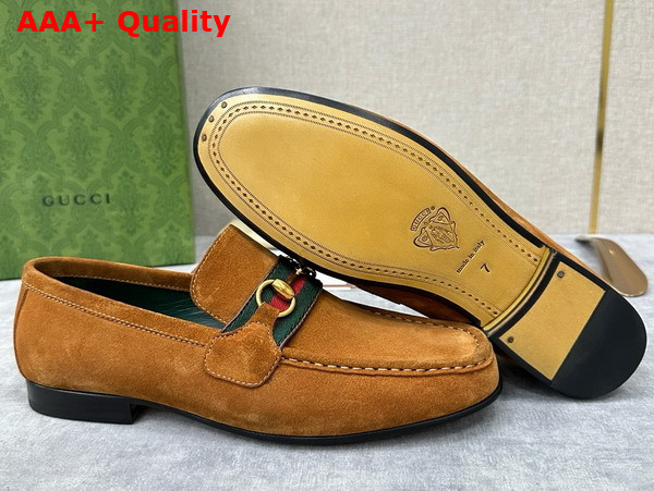 Gucci Mens Loafer with Web in Brown Suede Leather Replica