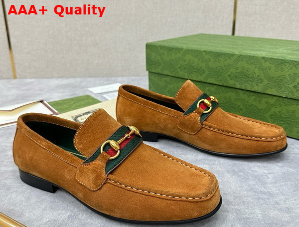 Gucci Mens Loafer with Web in Brown Suede Leather Replica