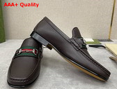 Gucci Mens Loafer with Web in Dark Brown Grain Leather Leather Replica