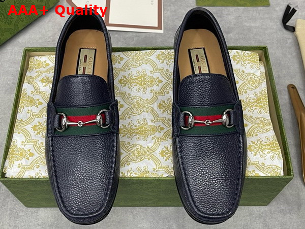 Gucci Mens Loafer with Web in Navy Blue Grain Leather Replica